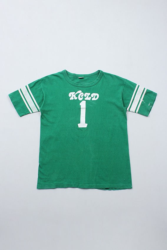 70s Blue-bar Champion Football 1/2 T-Shirt (XL)